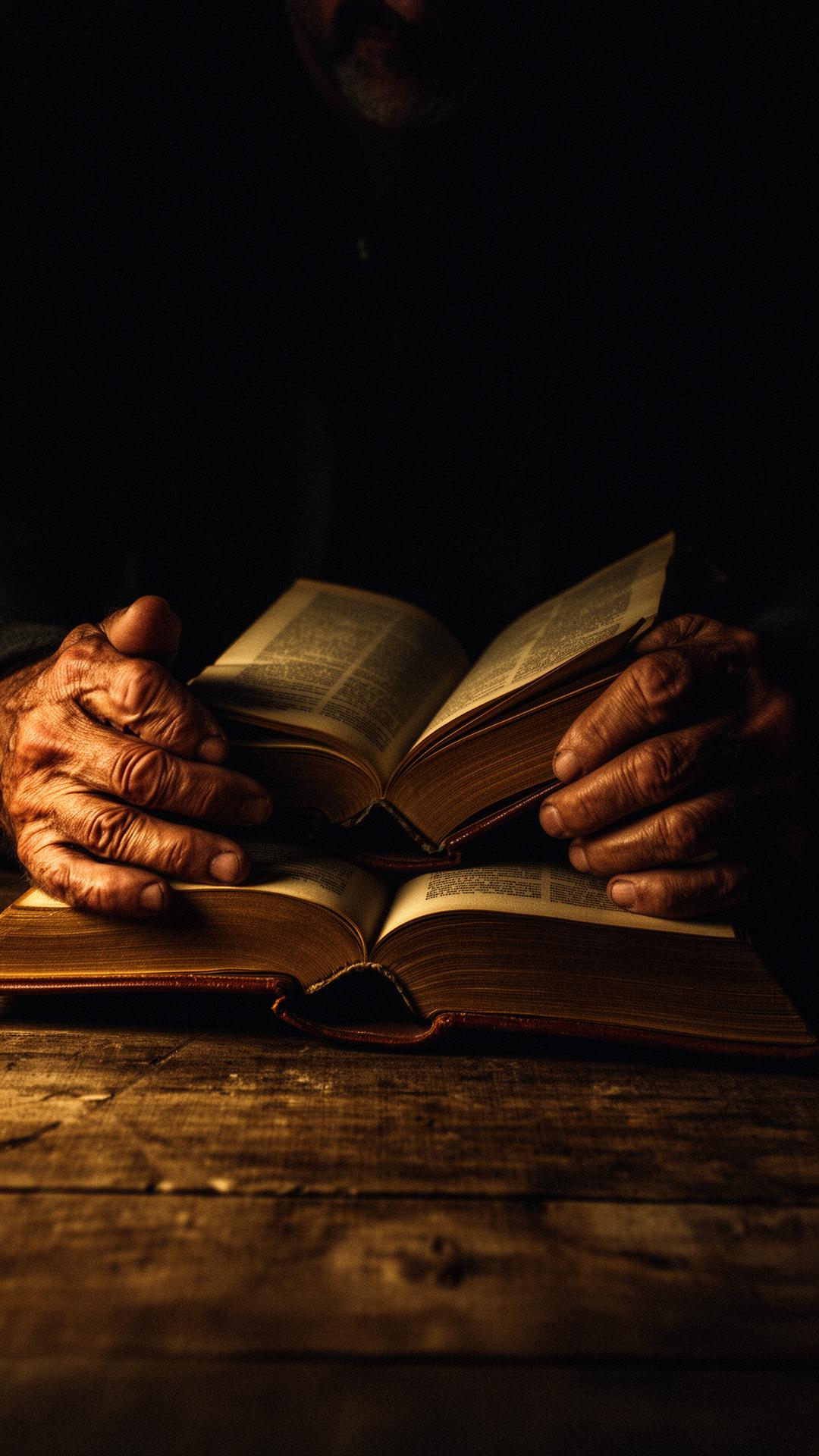 Mãos de homem com um livro aberto