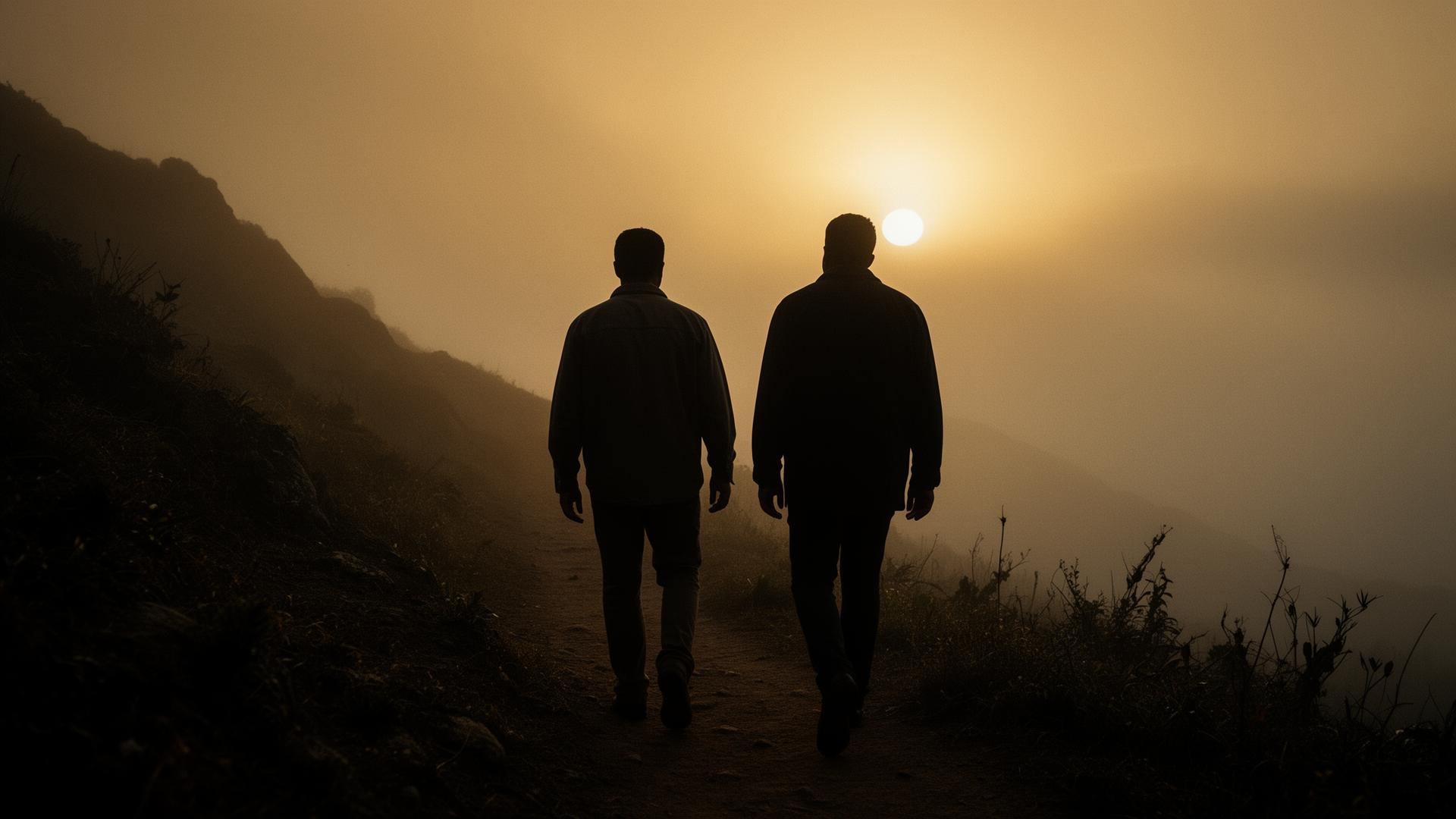 Dois homens caminhando juntos ao amanhecer